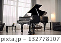 A stylish grand piano beautifully complements a chic living space flooded with abundant natural light 132778107
