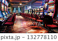 Vibrantly illuminated slot machines feature prominently in a futuristic casino setting filled with glowing neon lights 132778110
