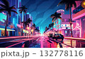 Futuristic miami cityscape illuminated at dusk, with vintage cars driving along a neon lit street flanked by palm trees, creating a lively and nostalgic 1980s ambiance 132778116