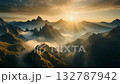 Majestic sunrise over photorealistic mountains, soft golden light rays spreading across misty peaks, atmospheric perspective, cinematic look, natural color grading 132787942