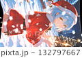 Christmas image: A beautiful girl in a Santa costume printed on a flag. Snow falling and swaying in the wind. Vertical material. Loopable. 132797667
