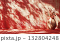 紅牆上，花瓶和樹枝在光影中交相輝映。 132804248