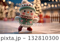 Cute holiday snowman doll skating in a festive winter scene with lights and gifts around 132810300