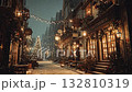 Cozy winter street scene with festive decorations, snow, and Christmas tree in a quaint town square at night 132810319