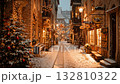 Snow-covered street decorated for Christmas with twinkling lights and festive decorations in a charming town 132810322