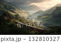 Scenic train journey through lush green hills at sunrise in a serene mountain landscape 132810327