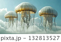 Jellyfish floating among clouds in a surreal sky 132813527