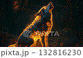 A colossal wolf radiating light stands majestically, howling against the night sky. Its vibrant colors illuminate the surrounding landscape filled with trees 132816230