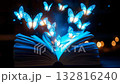An open book radiates light in a dimly lit space, as glowing butterflies gracefully emerge, illuminating the surroundings with their vibrant colors and enchantment 132816240