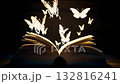 An open book radiates light in a dimly lit space, as glowing butterflies gracefully emerge, illuminating the surroundings with their vibrant colors and enchantment 132816241