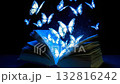 An open book radiates light in a dimly lit space, as glowing butterflies gracefully emerge, illuminating the surroundings with their vibrant colors and enchantment 132816242