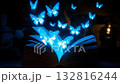 An open book radiates light in a dimly lit space, as glowing butterflies gracefully emerge, illuminating the surroundings with their vibrant colors and enchantment 132816244