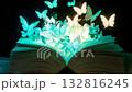 An open book radiates light in a dimly lit space, as glowing butterflies gracefully emerge, illuminating the surroundings with their vibrant colors and enchantment 132816245