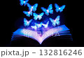 An open book radiates light in a dimly lit space, as glowing butterflies gracefully emerge, illuminating the surroundings with their vibrant colors and enchantment 132816246