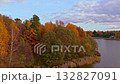 Autumn forest and river aerial view in Poland, colorful fall landscape with trees and clouds 132827091