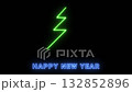 Glowing neon Christmas tree animation with bright green light on black background and Happy New Year text in blue neon. Futuristic holiday design, festive winter greeting card, modern celebration co 132852896