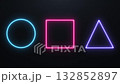 Neon glowing geometric shapes circle, square, and triangle on a dark background. Futuristic abstract design with blue, pink, and purple light. Modern minimal style for tech, UI, and digital graphics.	 132852897