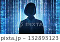 Futuristic scene with female silhouette moving forward / Cyber image with digital background 132893123