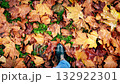 POV shot of man walking through autumn leaves on green grass 132922301