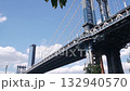 Manhattan Bridge to Brooklyn Dumbo. New York City symbol. Travel USA tourist landmark. Tree leaves. 132940570
