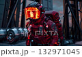Red armored astronaut wearing a glowing helmet with a digital display, walking forward in an industrial, metallic sci fi environment, depicting themes of exploration and future technology 132971045