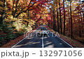 Vintage car traveling on a winding asphalt road, surrounded by vibrant red, orange, and yellow autumn foliage, enjoying a picturesque fall road trip through nature and colorful trees 132971056