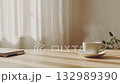 Morning coffee time | A relaxing desk scene with soft light and steam 132989390
