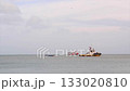 Tugboat and ferry ship floating on calm ocean under cloudy sky 133020810