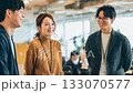 A scene of three casually dressed men and women chatting in an office, perfect for a recruitment page (generated AI video) 133070577