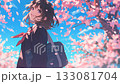 An anime-style illustration of a high school girl smiling and turning around amid a flurry of cherry blossom petals. Concept of entrance and graduation. (Generated AI animation) 133081704