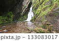Picturesque summer landscape of Estyuba waterfall falling into Lake Teletskoye. Altai, Russia 133083017