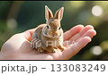 A fluffy brown bunny resting in a palm, calm and alert under golden sunlight, symbolizing gentleness, warmth, and nature tenderness. 133083249