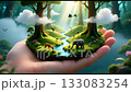 A miniature jungle in a hand, with elephants, deer, and birds surrounding a tiny waterfall representing balance with nature. 133083254