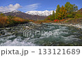 雪をかぶった白馬三山と紅葉の中を流れる松川 133121689