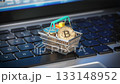 Bitcoin coins in a shopping basket and growing graph on laptop keyboard. 133148952