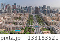 Skyscrapers in Barsha Heights district and low rise buildings in Greens district aerial all day timelapse. Dubai skyline 133183521