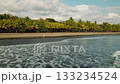Woman running on palm tree beach with waves crashing at Pacific coast Costa Rica 133234524