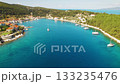 Aerial view of tranquil bay and marina with sailboats near Kefalonia village 133235476