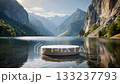 A lake with a stone podium under the open sky and mountains 133237793