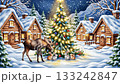 A winter night in a snow-covered log cabin village with lit Christmas trees and animals. 133242847