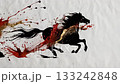 A horse galloping powerfully through ink splatters 133242848