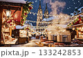 A snow-covered Christmas market on a winter night with steaming stalls and sparkling decorations 133242853