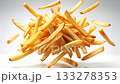 Golden French fries on a white background floating in the air 133278353