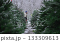 Young man walks through a snowy Christmas tree market in Europe, comparing prices and selecting the perfect fir for the holiday season amidst falling snow and festive decorations 133309613