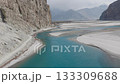 Aerial View of a Turquoise River Flowing Through a Mountainous Valley in Pakistan 133309688