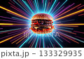 Tasty double hamburger against a colorful light ray background. 133329935