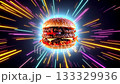 Fast food triple cheeseburger flying hyperspace light speed. 133329936