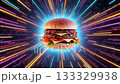 Fast food triple cheeseburger flying hyperspace light speed. 133329938