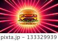 Double cheeseburger showcasing vibrant fast food against dynamic neon background. 133329939