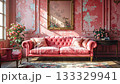 Shabby chic living room with tufted pink velvet sofa and distressed walls. 133329941